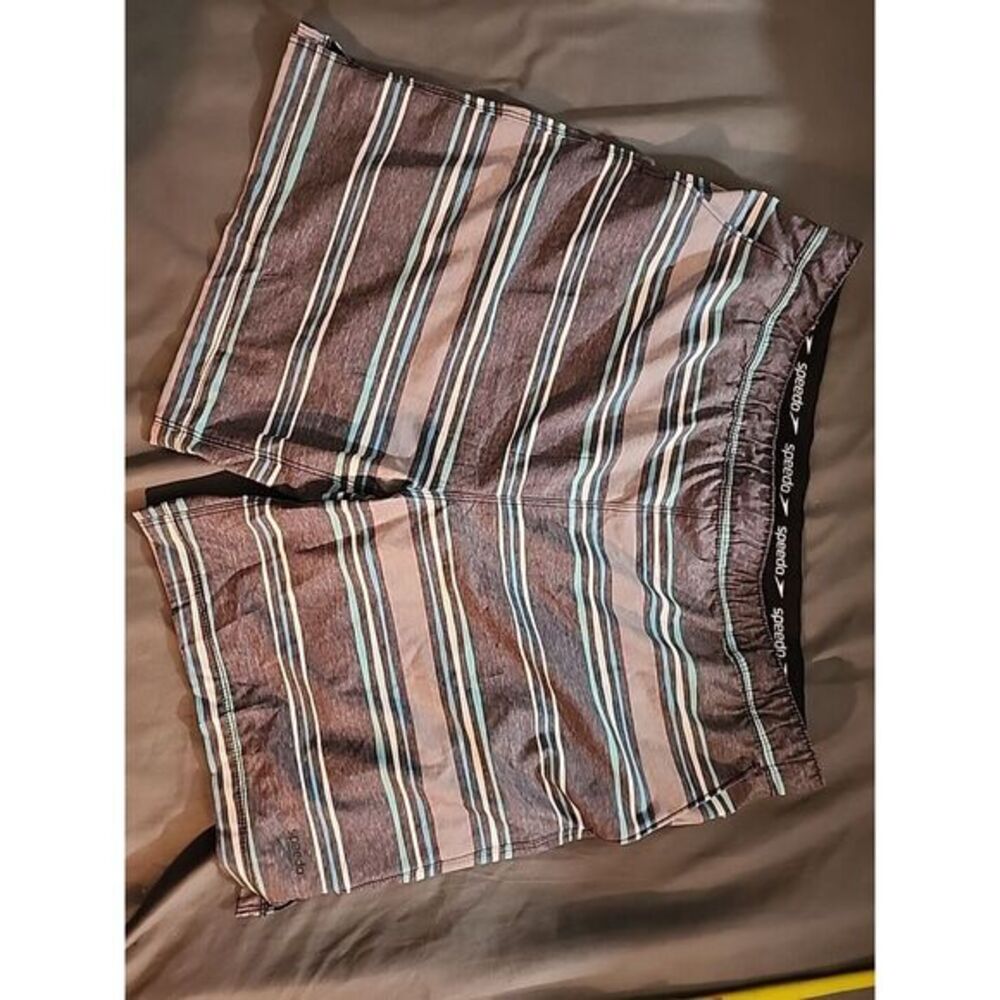 Speedo Swim Shorts Men 2XL Gray Blue Striped Hybrid Board Trunks Beach Surfing